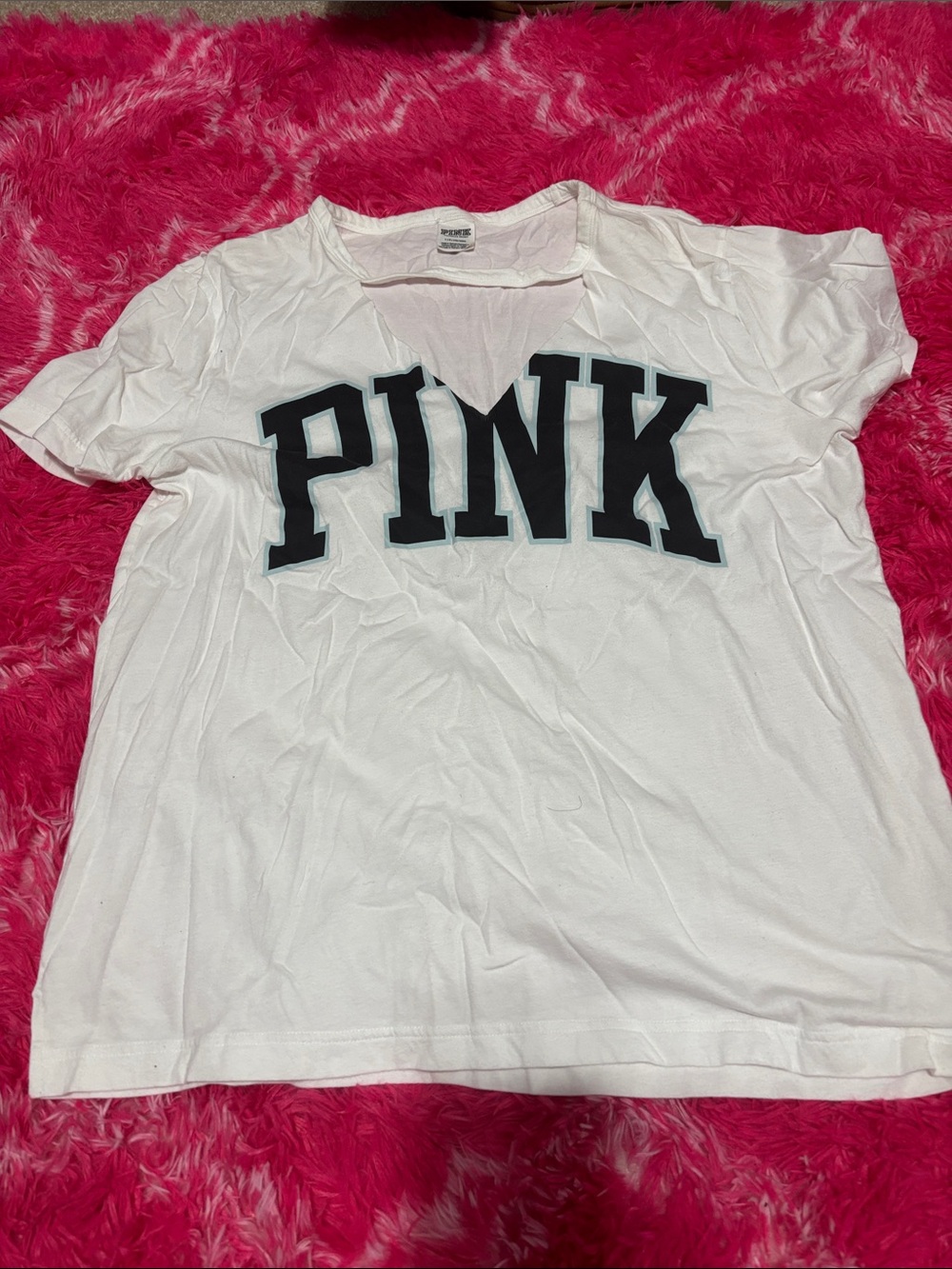 PINK Victoria's Secret White V-Neck Logo Tee with Black Lettering